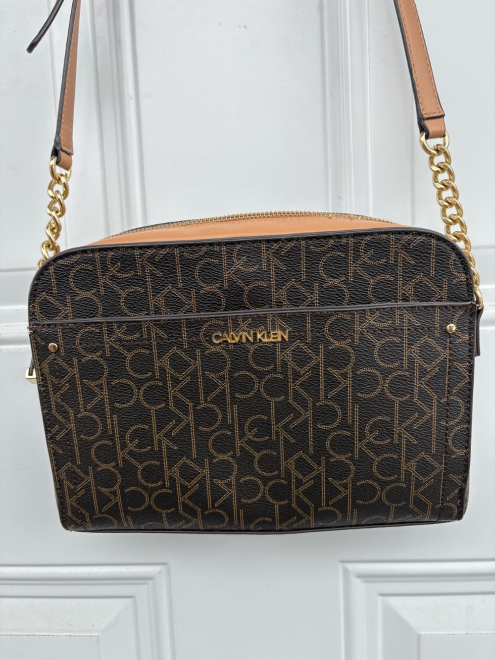Calvin Klein Dark Brown Monogram Crossbody with Tan Trim